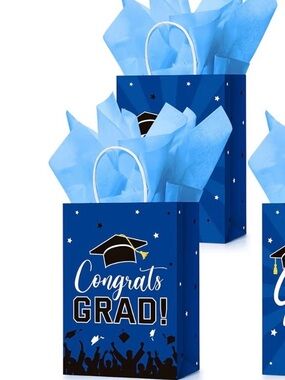 Congrats Grad! Blue Graduation Gift Bags 22 bags.  NO TISSUE.